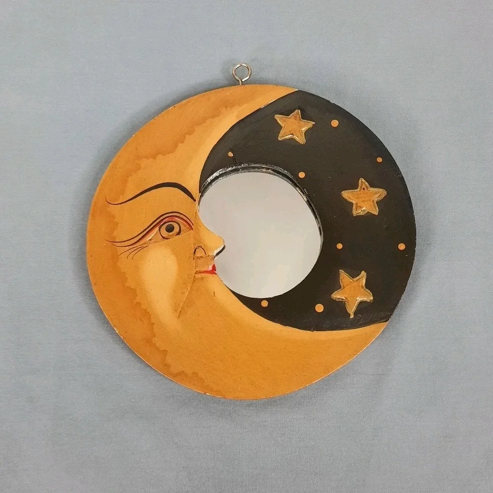 Vintage Celestial Crescent Moon Stars Mirror 6in Hand Painted Whimsigoth 90s